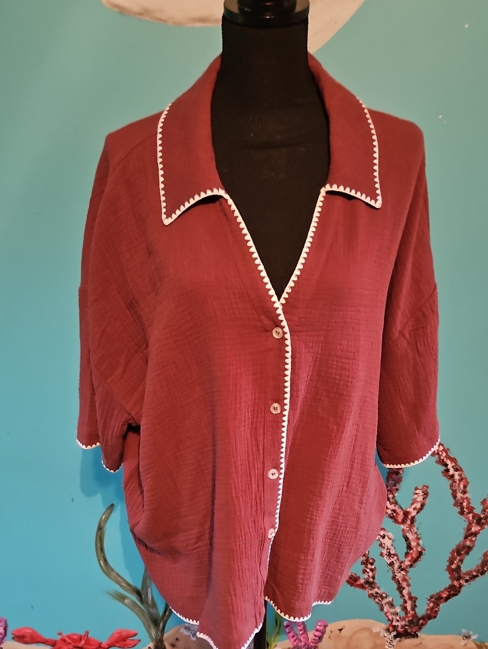 Design History Coffee  Button-Front Cotton Gauze Shirt with White Trim